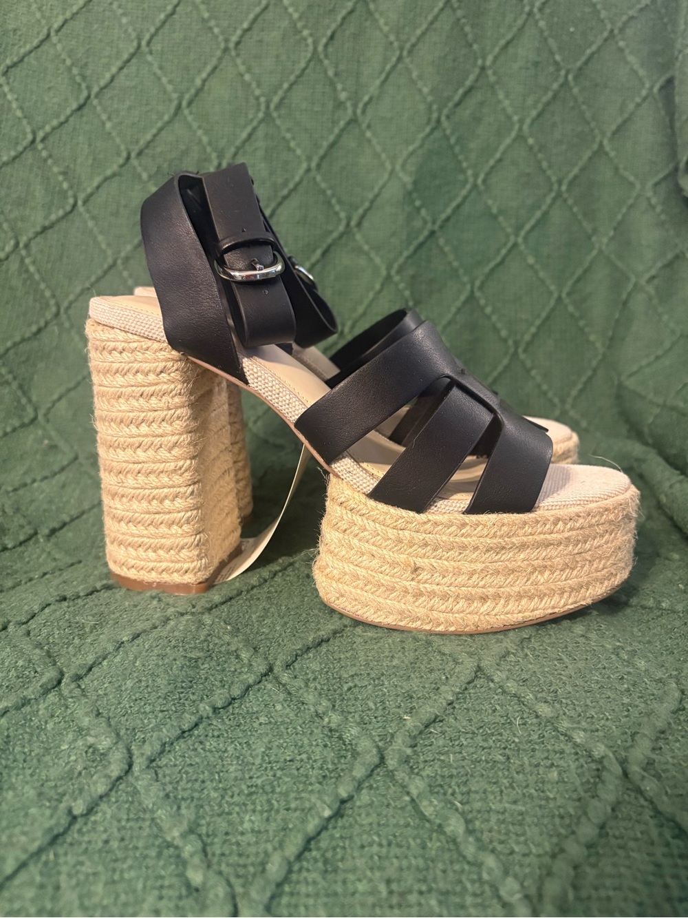 The Drop Black Strappy Platform Espadrille Sandals with Ankle Buckle